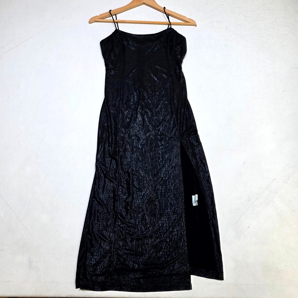 Dress Womens Small Black Metallic Crocodile Embossed Side Slit Midi Goth